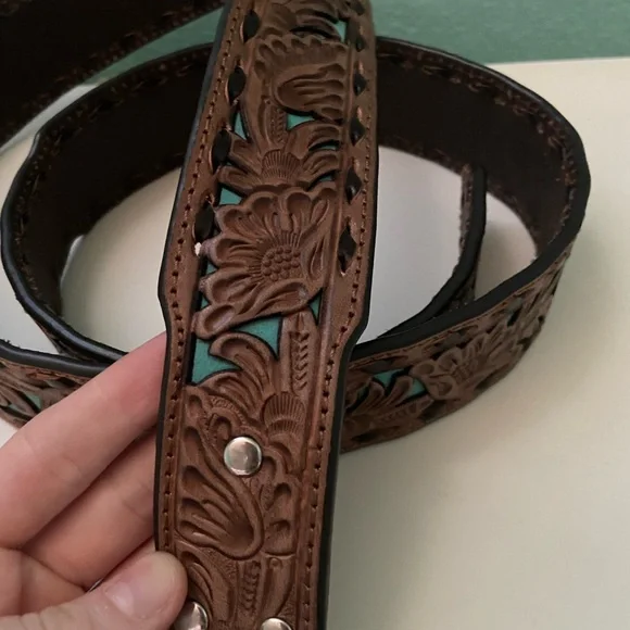 Nocona Turquoise and Brown Tooled Leather Belt - Picture 2 of 5